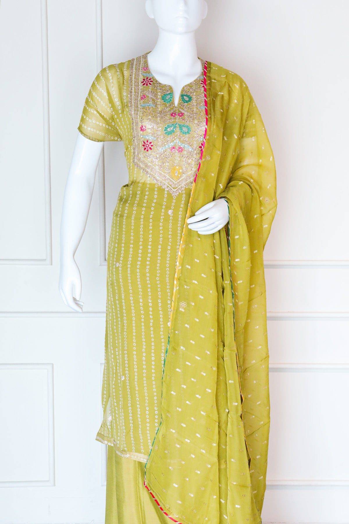 Lemon Green Color Georgette Unstitched Salwar Set