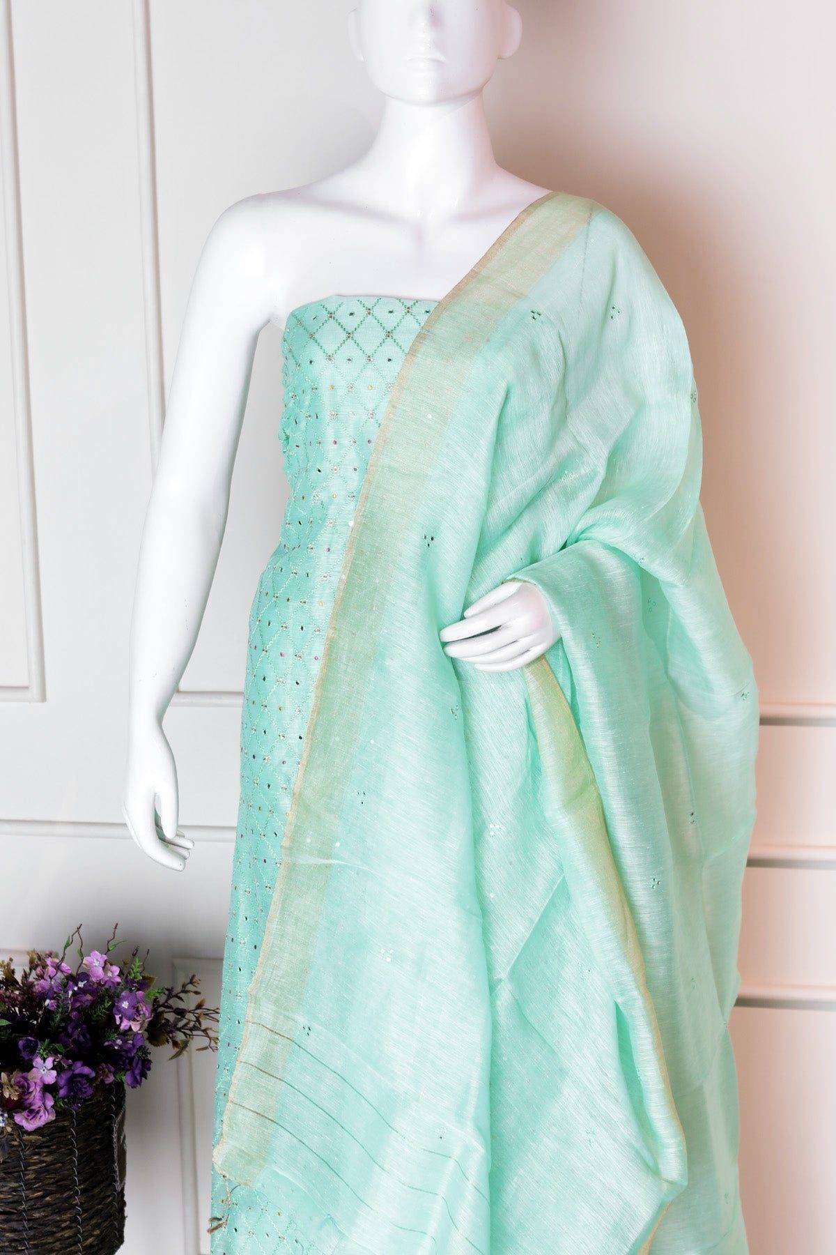 Teal Blue Color Linen Unstitched Salwar Set