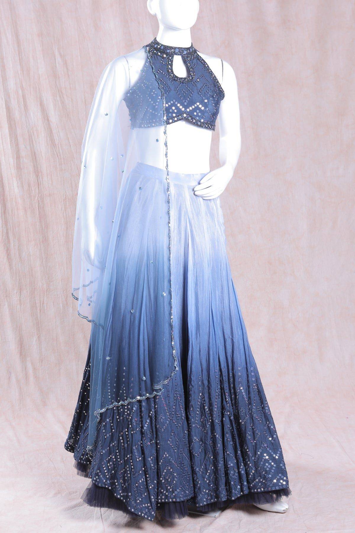 3D Blue mirror work Lehenga