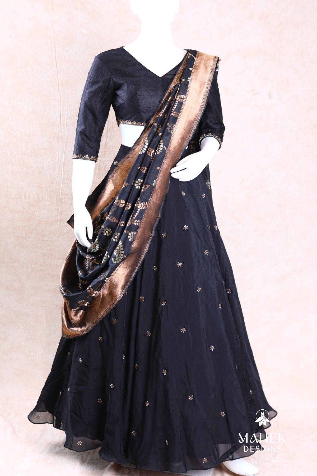 Black with Gold Lehanga