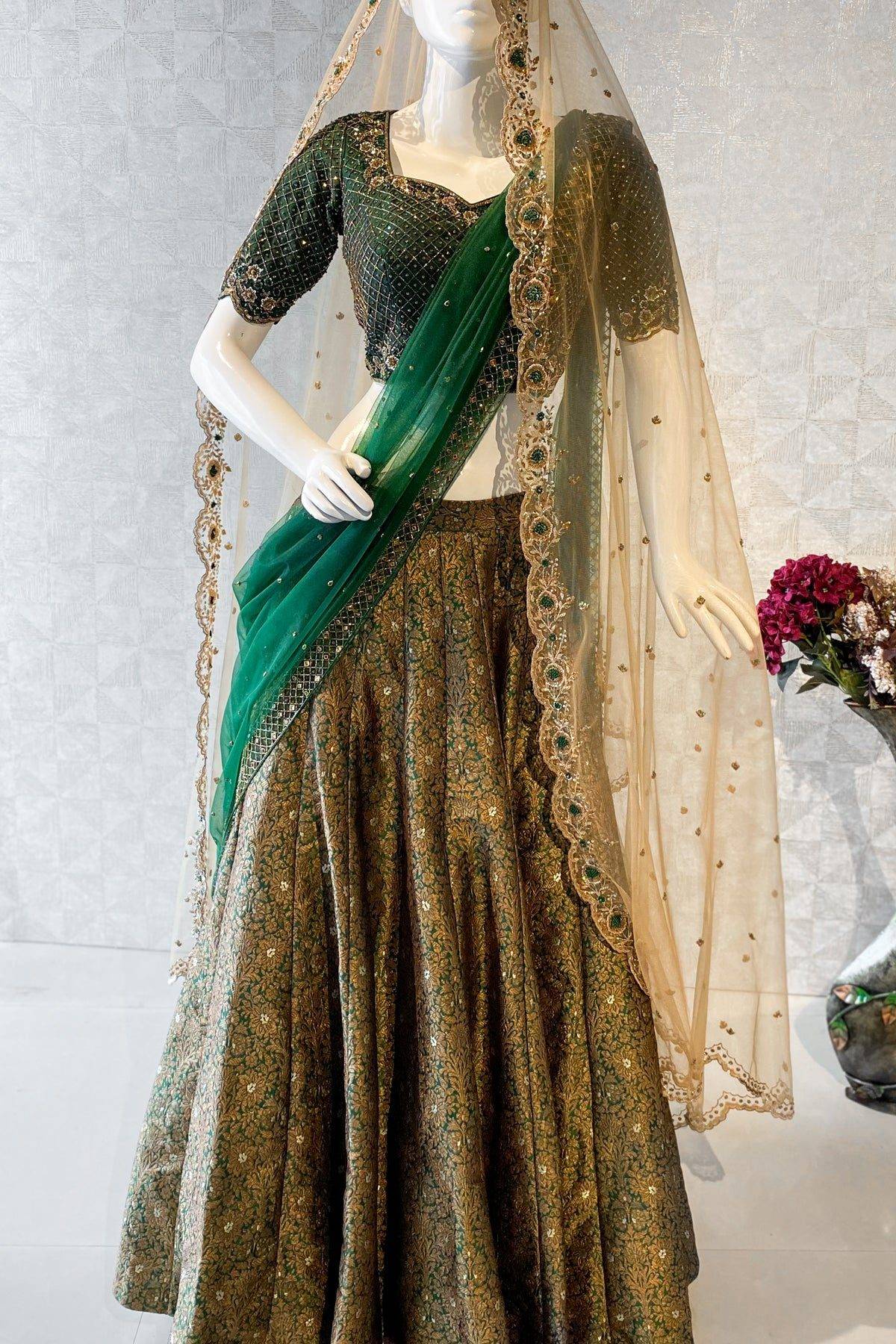Bottle green, Summer white and Dijon Lehenga