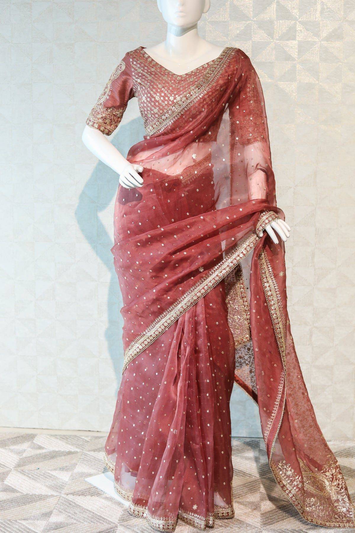 Brick Red Organza Saree