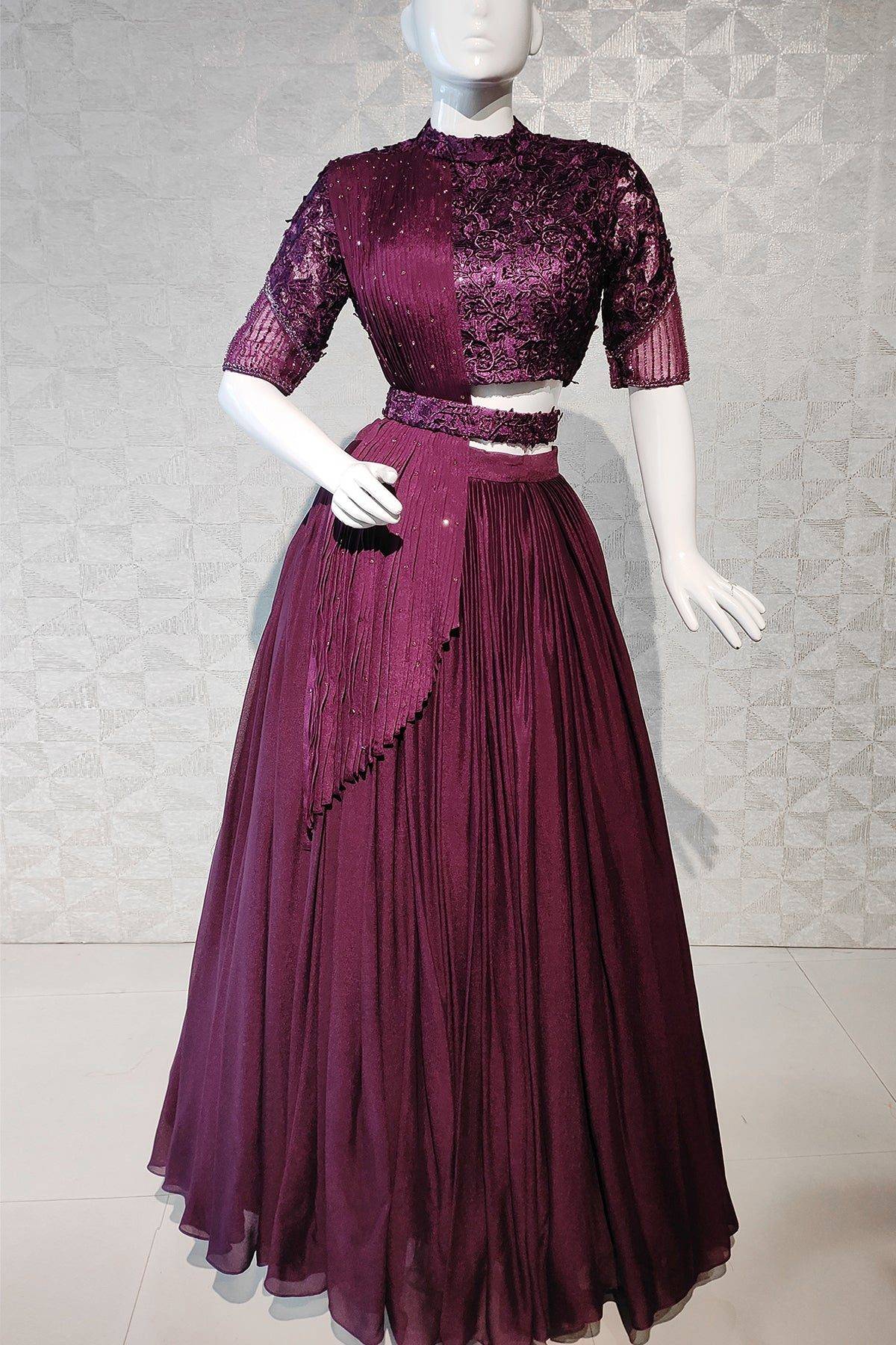 Burgundy Color Drape Style Crop Top and Skirt