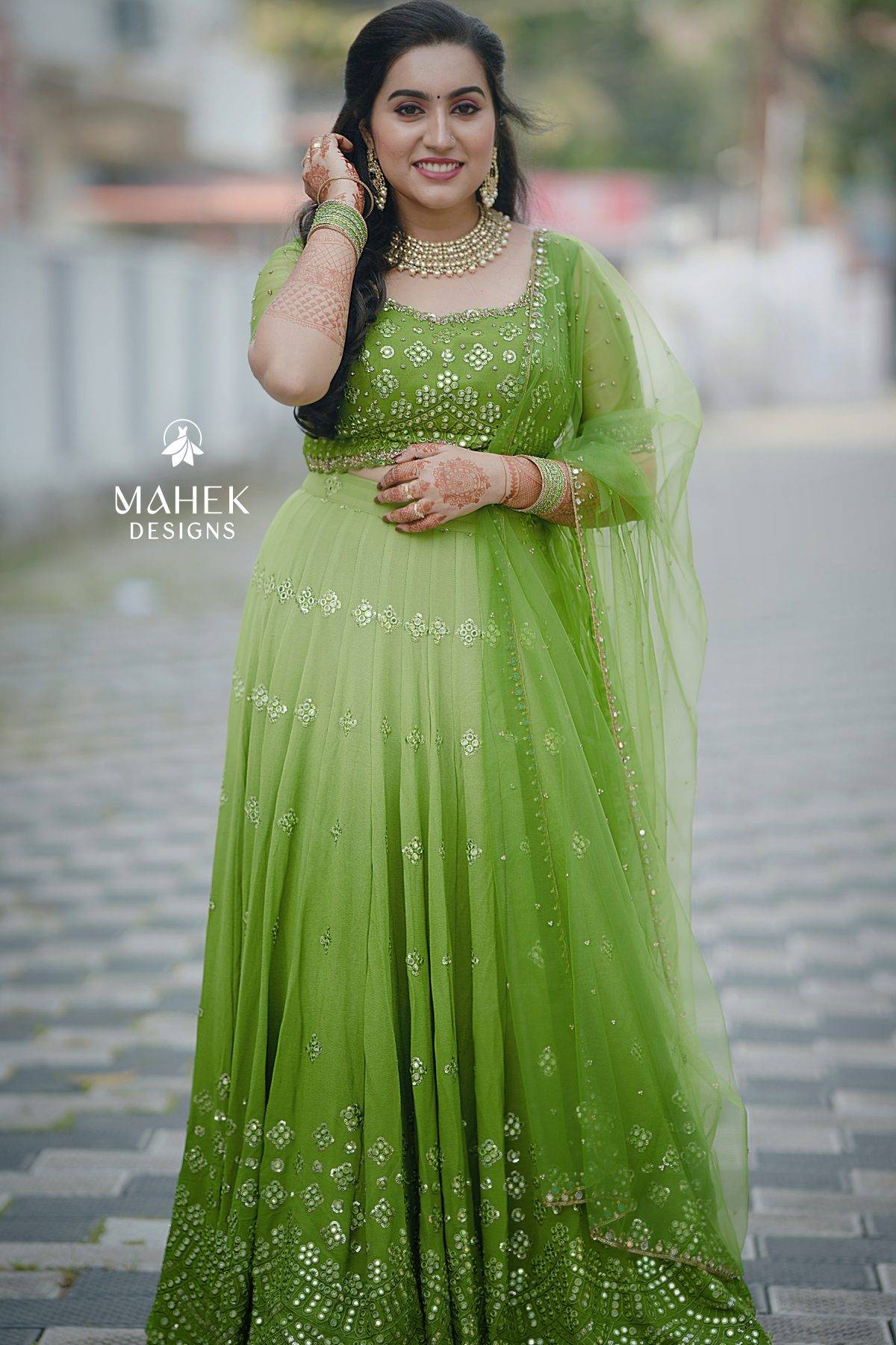 Green 3D Mirror Work Lehenga
