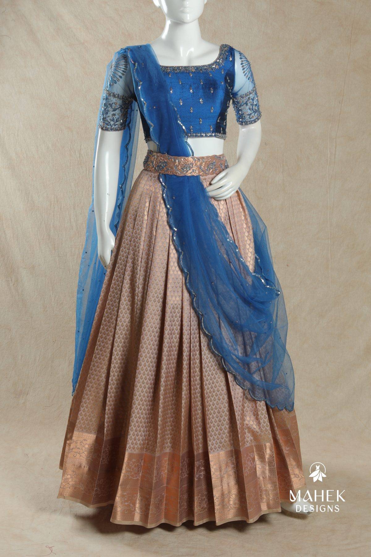 Cream and Blue Traditional Lehenga Set