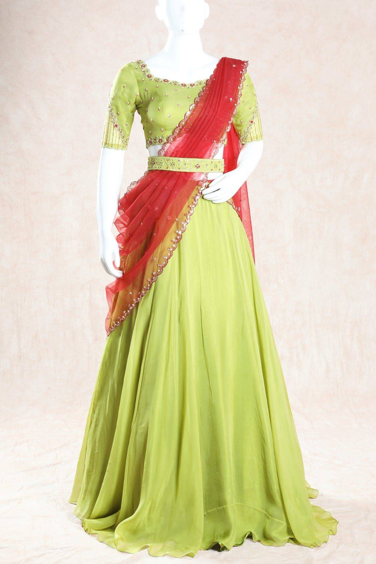 Lemon Green and Red Color Embroidered Lehenga