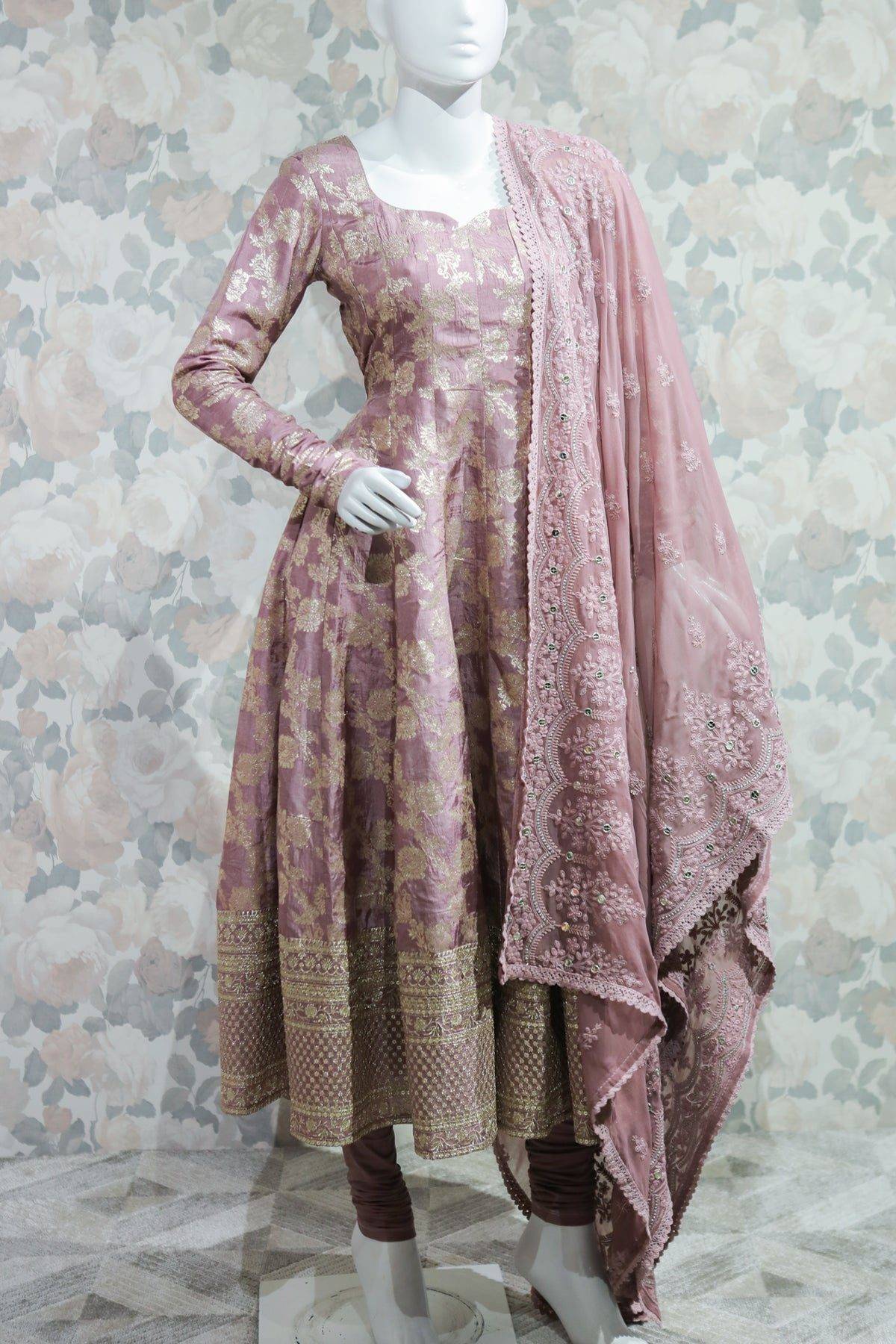 Mauve Color Banarasi Woven Anarkali Set