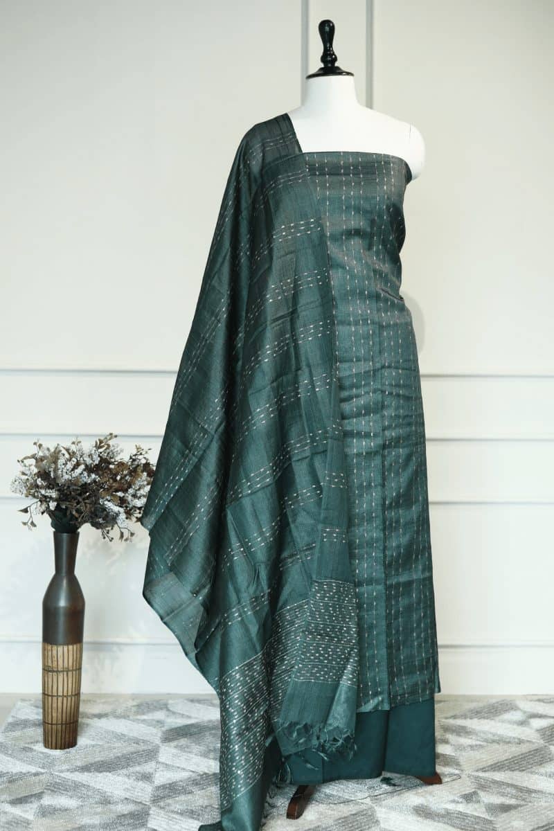 Metallic Army Green Color Tussar Unstitched Salwar Set