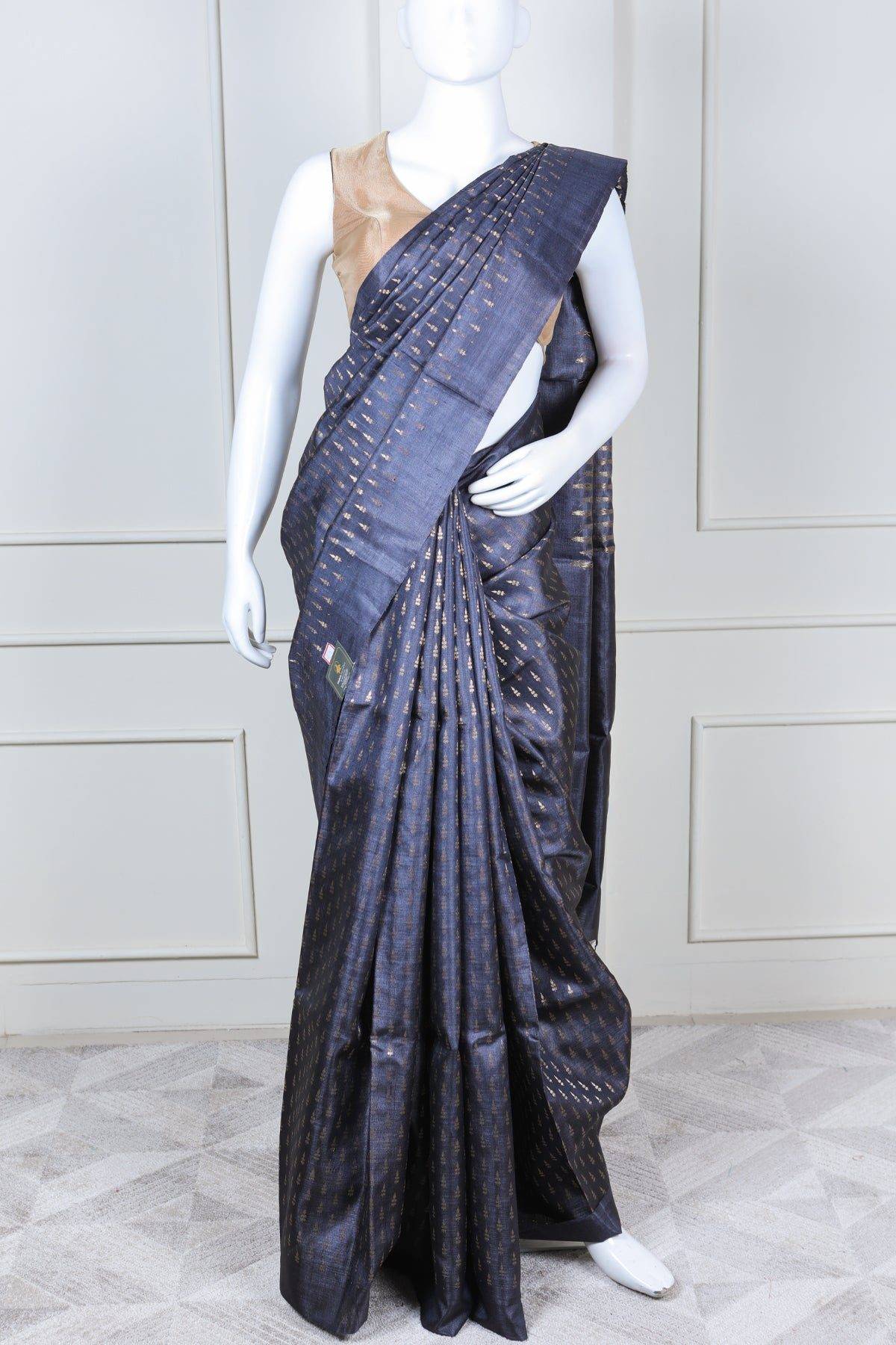 Metallic Grey Tussar Silk Saree