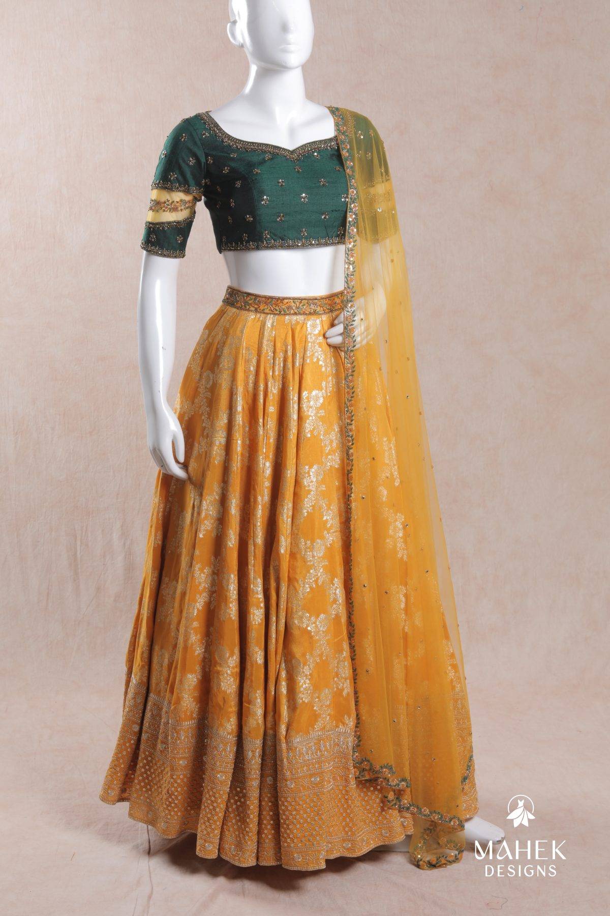 Mustard Yellow and Bottle Green Lehenga Set