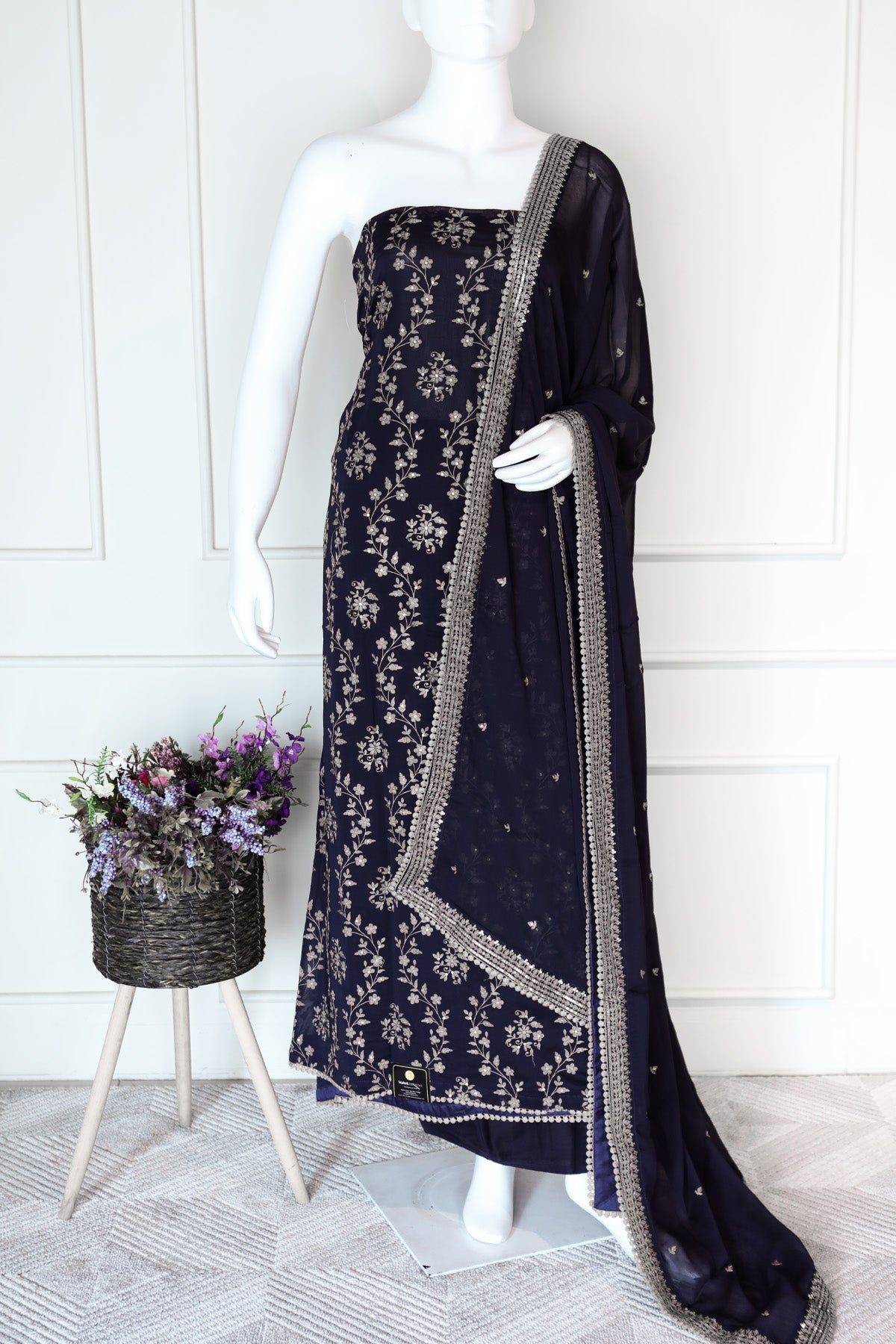 Navy Blue Color Georgette Unstitched Salwar Set