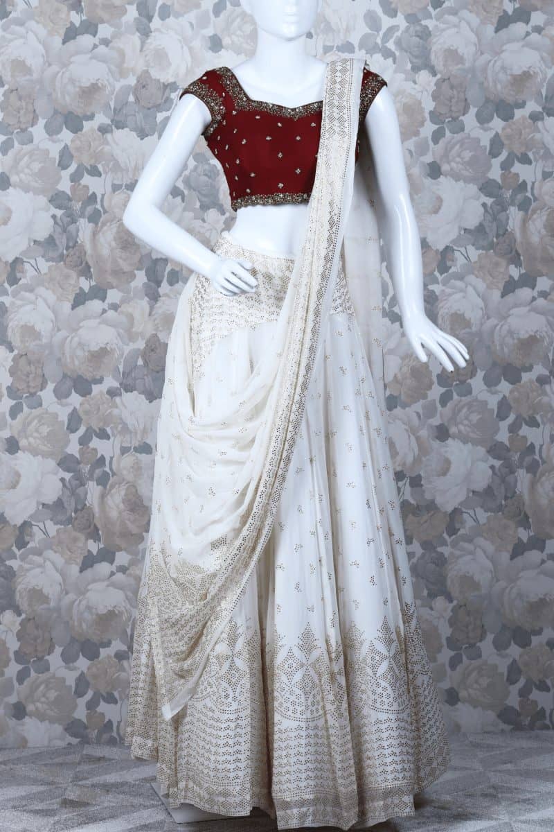 Off-white, Garnet Red Lehenga