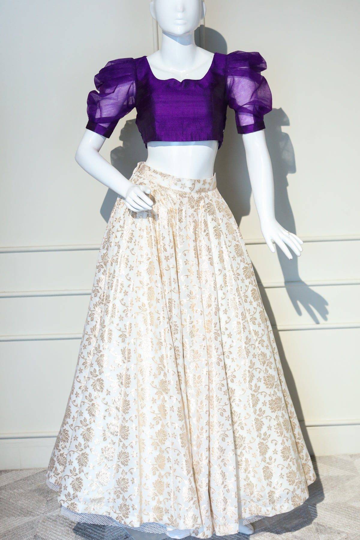 Off-white Lehanga With Violet Blouse