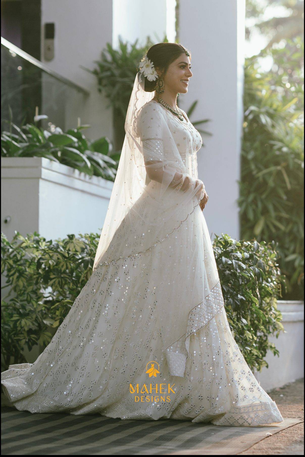 Off White Mirror Work Lehenga