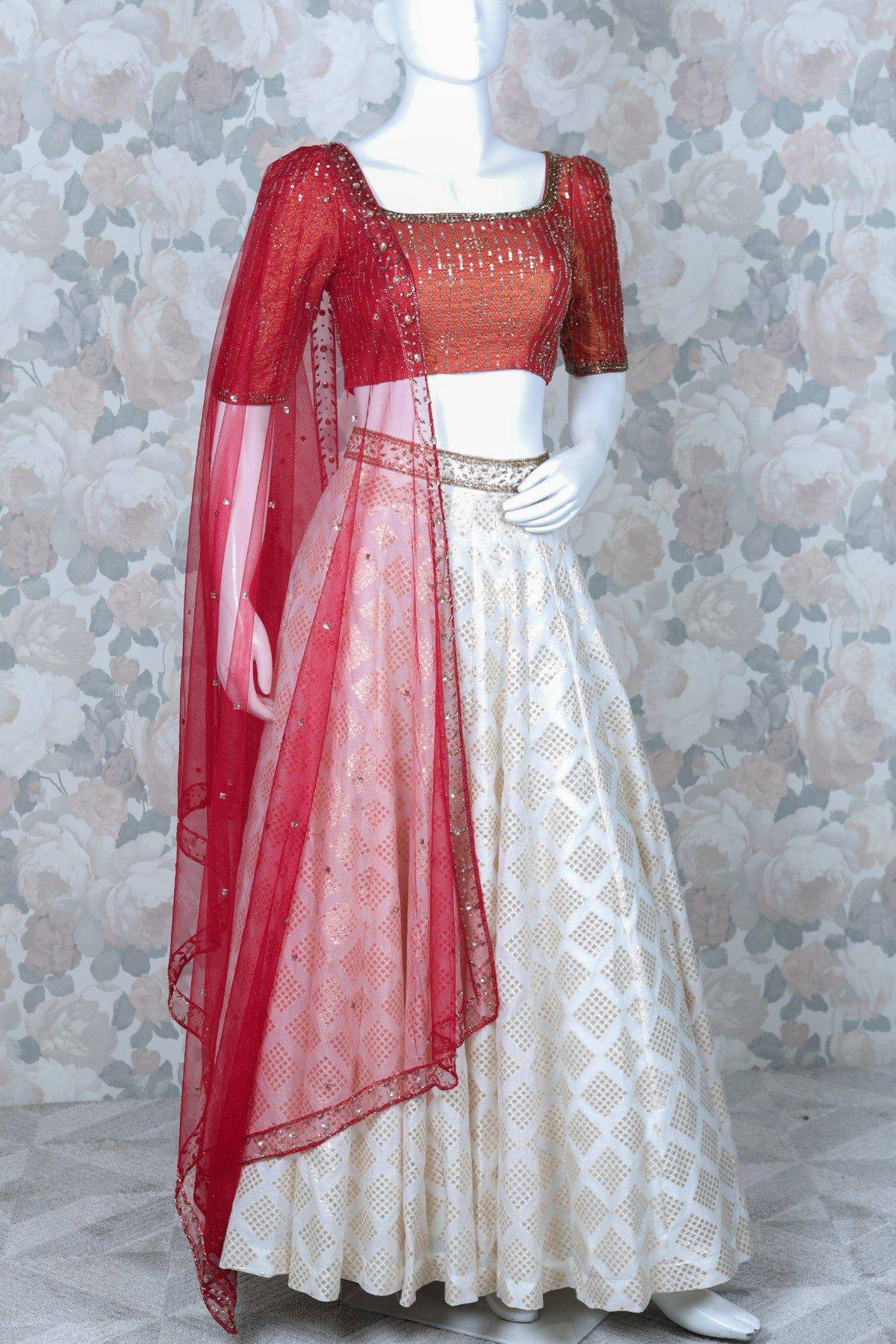 Off-White Reddish Orange Combination Lehenga