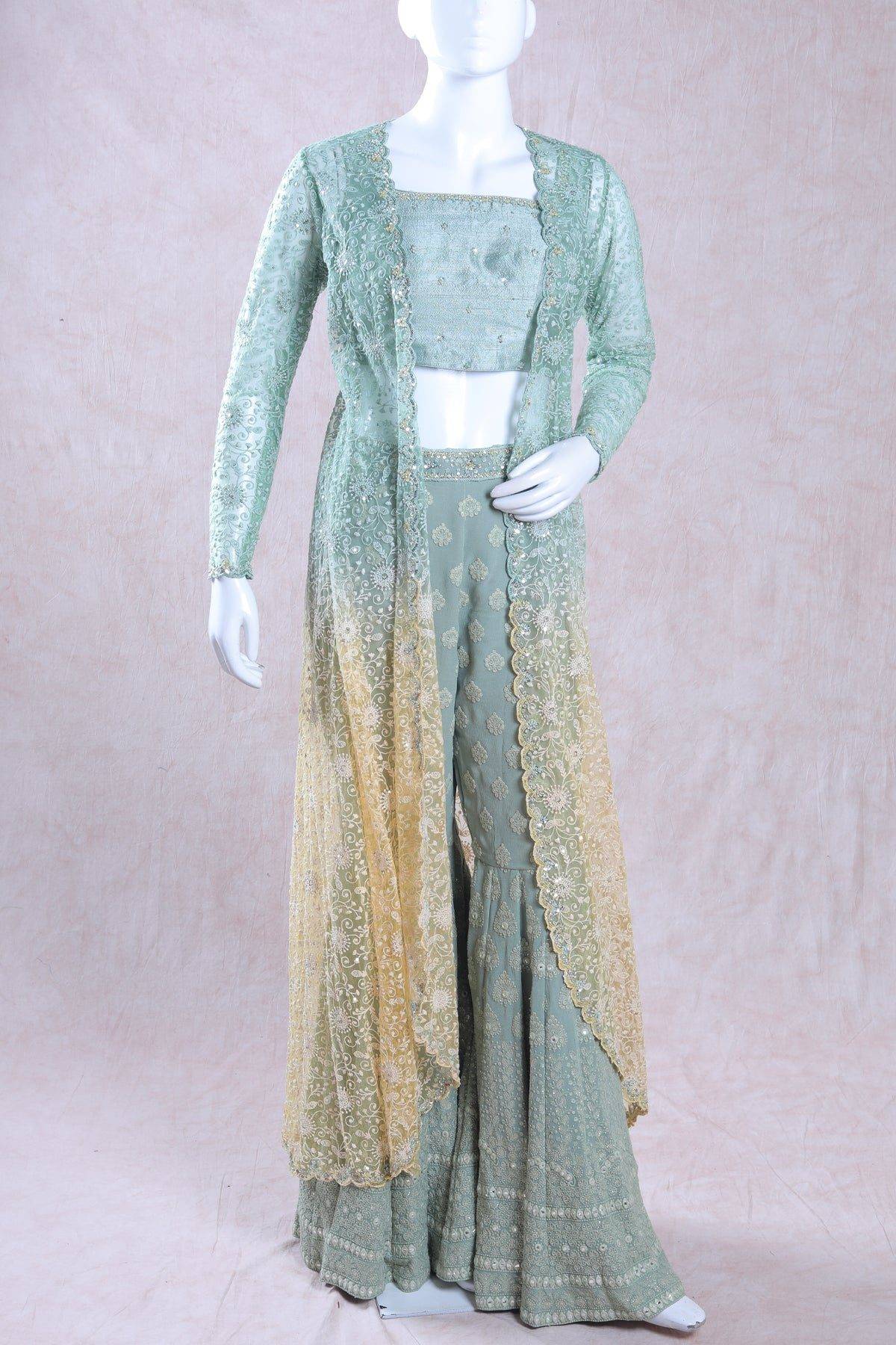 Pastel Green with Light Yellow Crop Top and Palazzo Pants