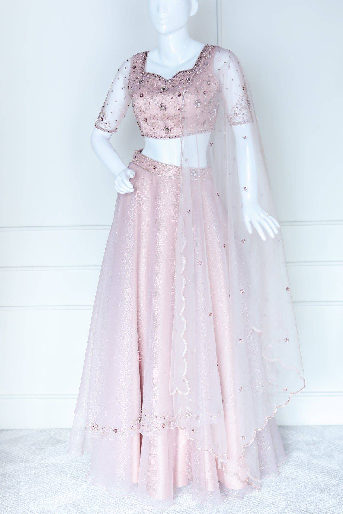 Pastel Peach Shimmer Organza Lehenga