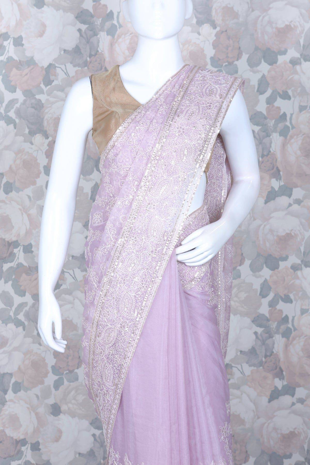 Pastel Pink Color Combination Embroidery Organza Saree
