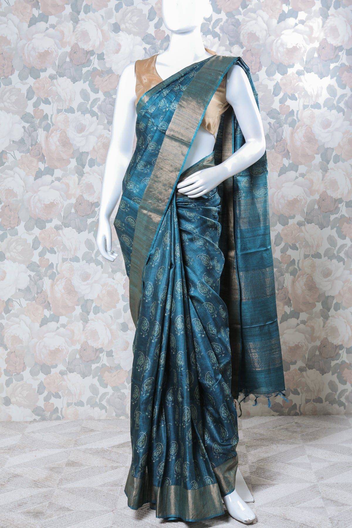 Peacock Blue Tussar Silk Saree