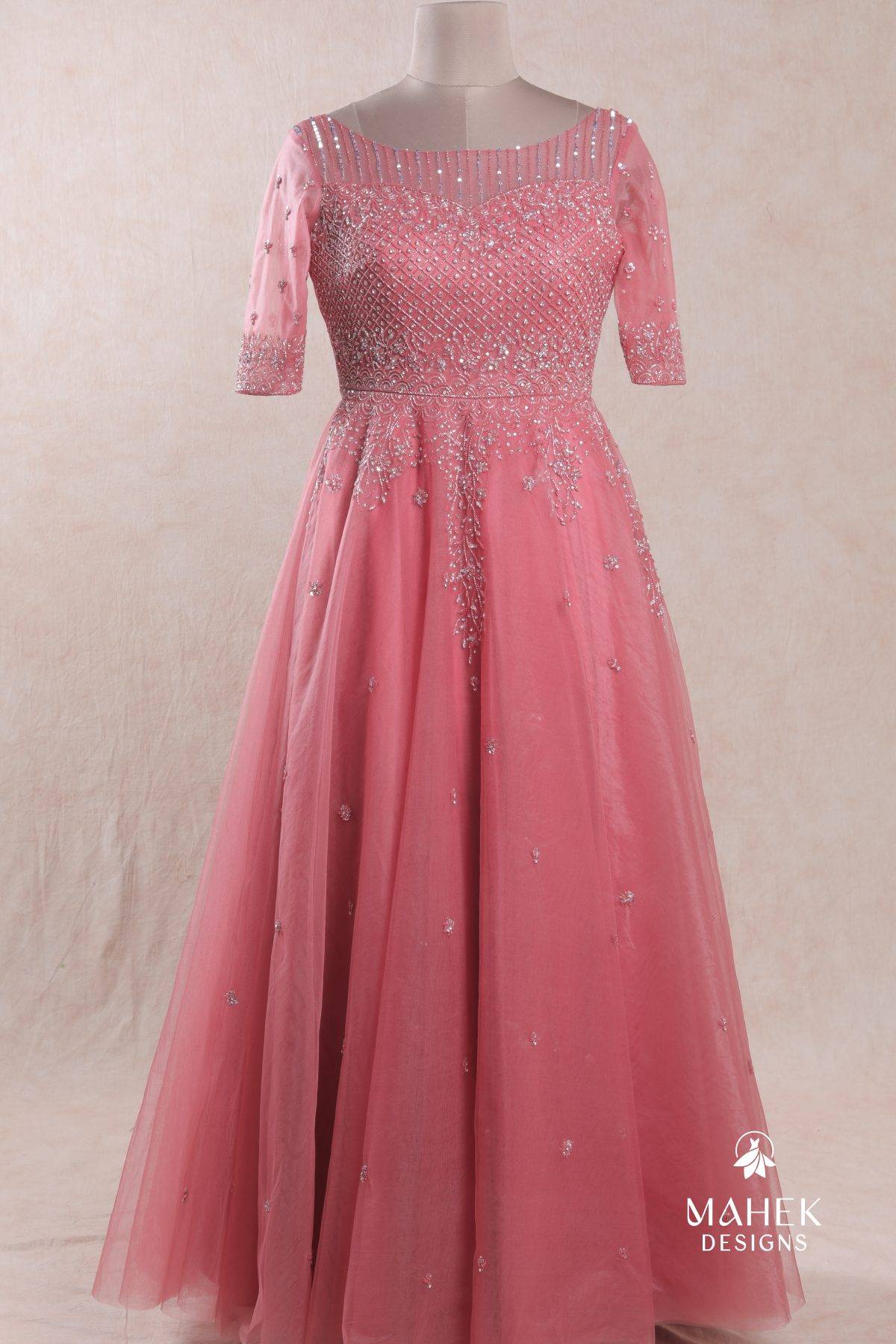 Pink Peach Color Embroidered Net Gown