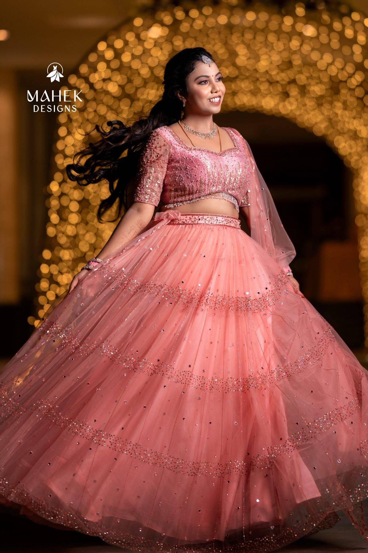 Pink Peach Net Lehenga