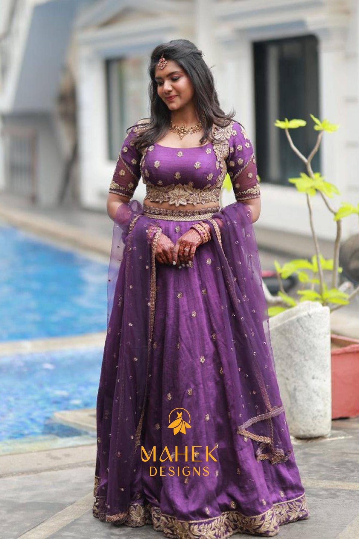 Purple Embroidered Raw Silk Lehenga