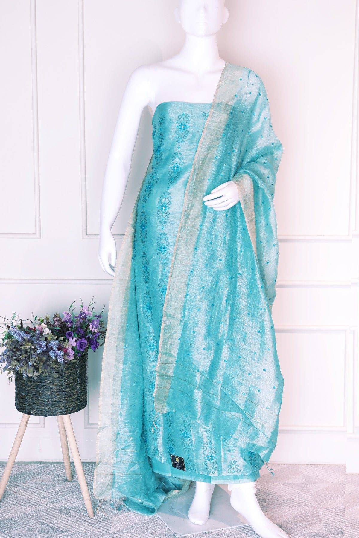 Sky Blue Color Linen Unstitched Salwar Set
