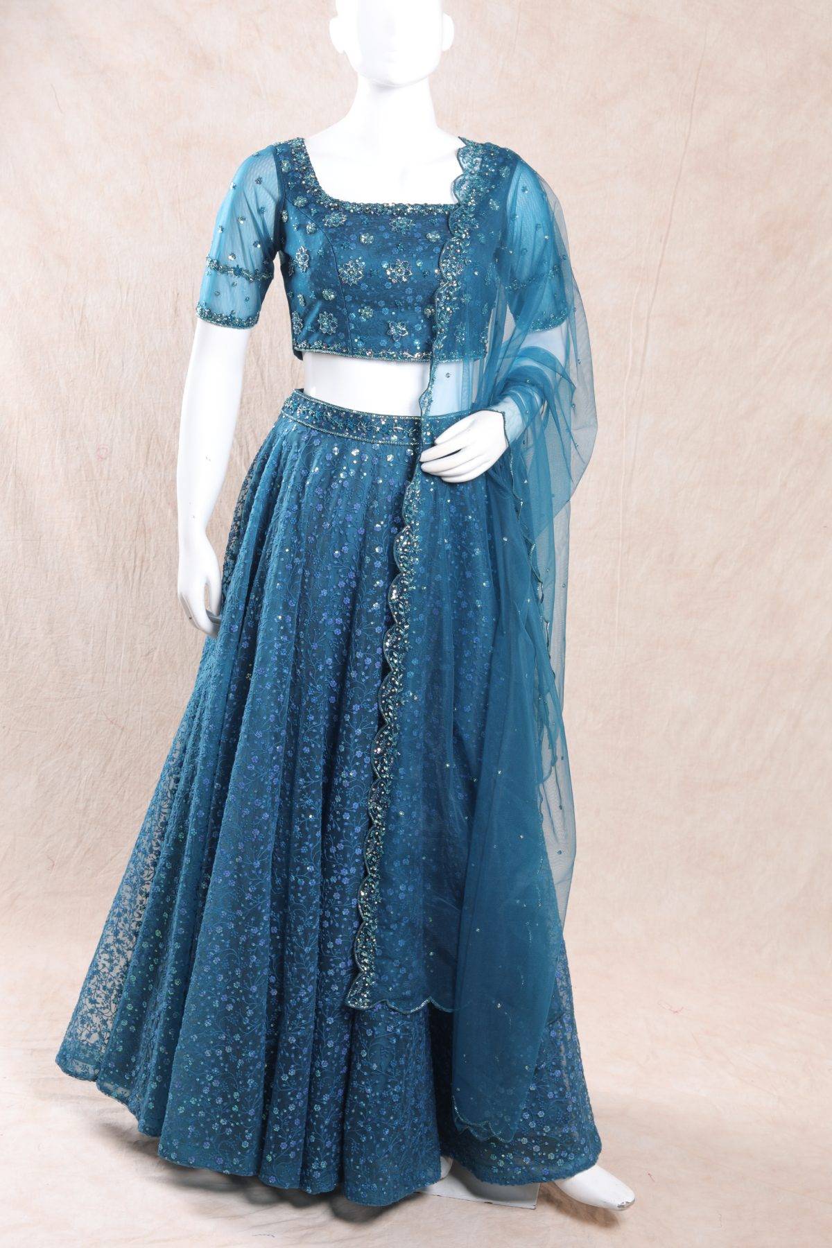 Teal Blue Net Lehenga