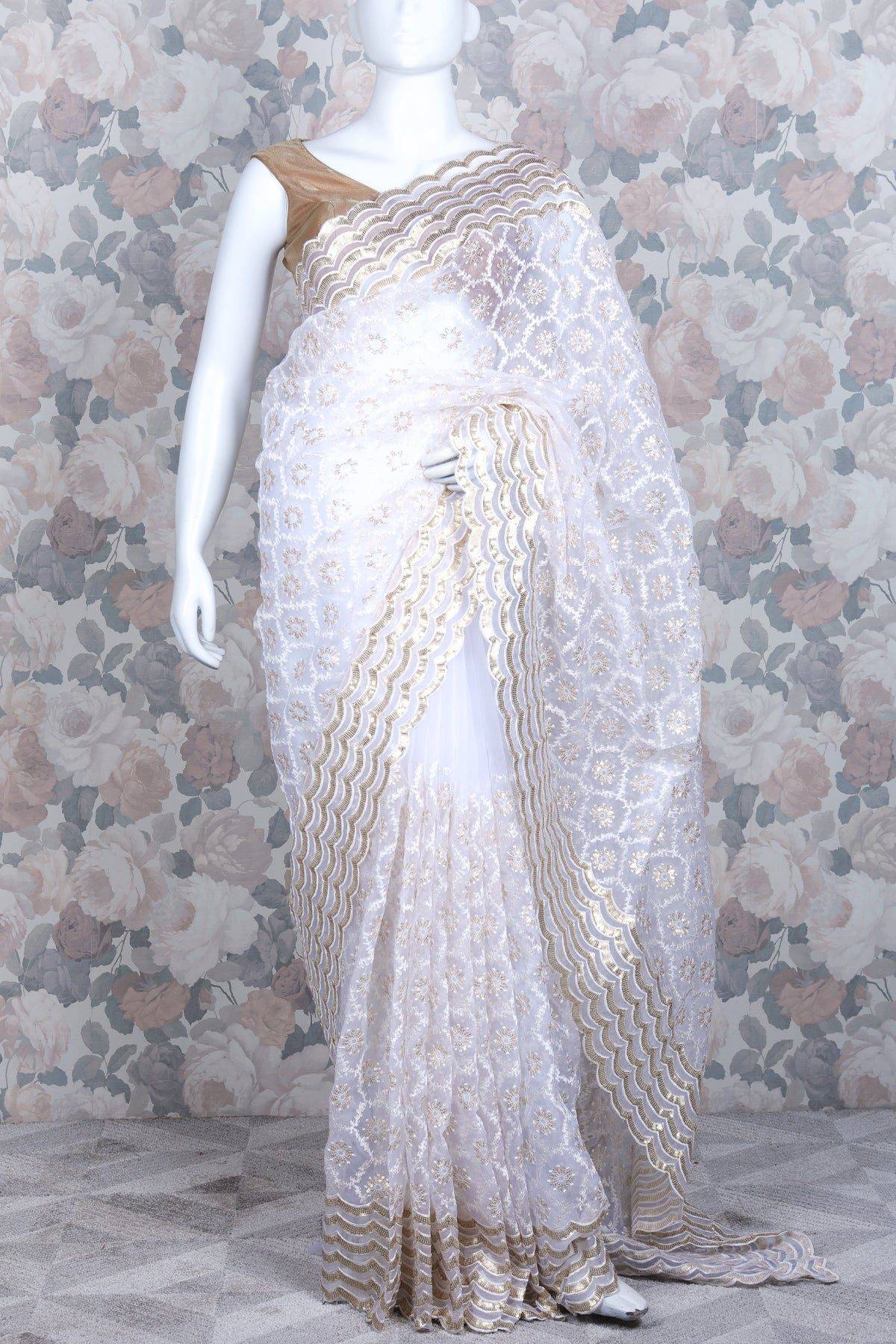 White and Gold Color Combination Embroidery Organza Saree