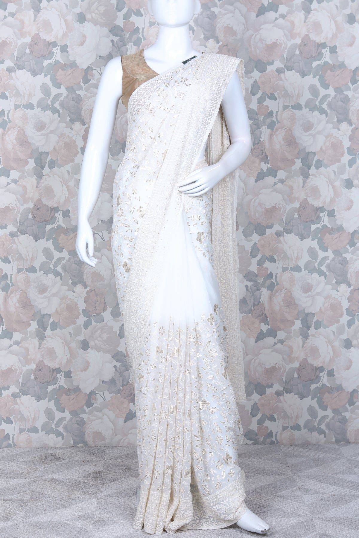 White and Gold Color Combination Embroidery Organza Saree