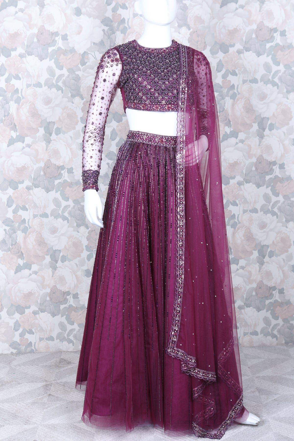 Wine Purple Embroidered Net Lehenga